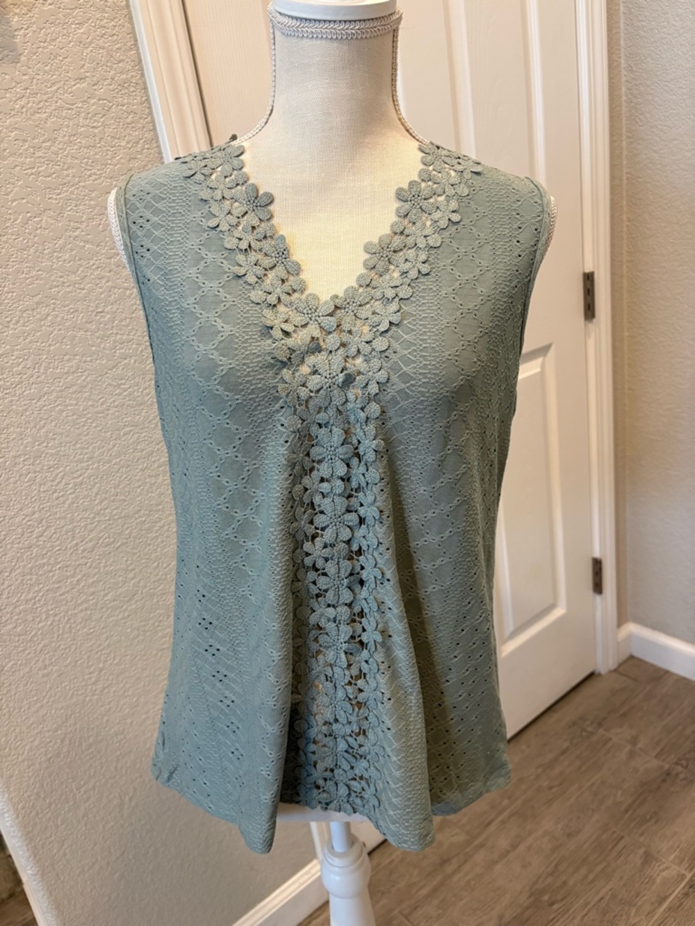 Sleeveless Crochet Lace V-Neck Top in Sage Green